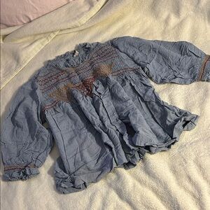 ivy jane Blue Smocked Peasant Blouse with Rust Embroidery